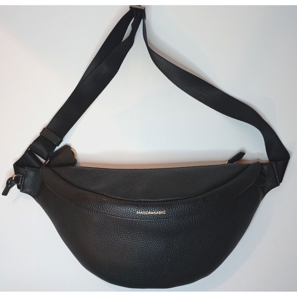 MAISON de SABRÉ Black Pebbled Leather Sling Bag Crossbody Fanny Pack Gold Tone